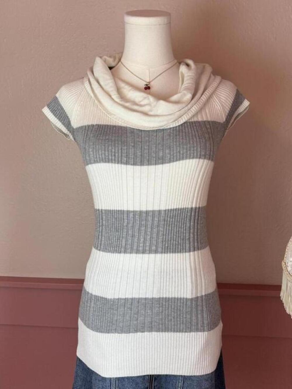 y2k gyaru cowl neck short sleeve striped top  pink rose white grey sz medium